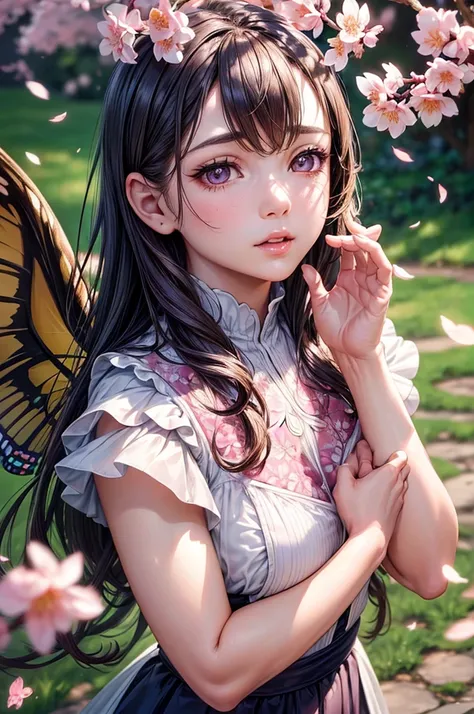 a girl with butterfly wings, landing on a blooming sakura tree, detailed face, beautiful detailed eyes, beautiful detailed lips, extremely detailed face and features, long eyelashes, butterfly wings, sakura tree, blooming flowers, detailed petals, detailed...