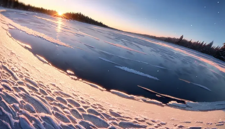 Frozen lake, morning dawn, severe frost, frost, snowing, 4k, high resolution, high detail, random angle, hyperrealism, 300mm, f/10.0, 1/1600ms, HDR