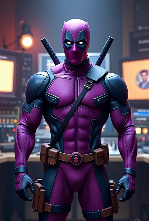 Deadpool purple suit in a radio studio 