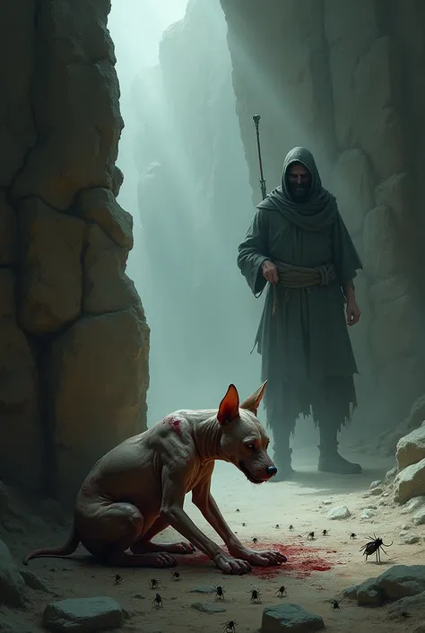 The hairless dog, bleeding, head down, with flies and wounds lying near the shadows of large stones, with a man with a threatening object trying to grab her