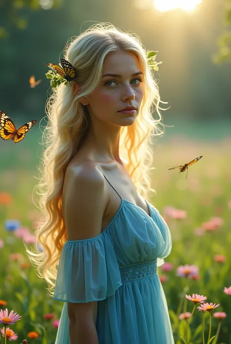 ，masterpiece, best quality，8k, ultra highres，Reallightandshadow，Cinema lenses，(beautidful eyes:1.1)， ((The scene is，The upper part of the body))，dynamicposes，On a green meadow，A gentle goddess came with a gentle step。She wore a blue dress fully transparent...