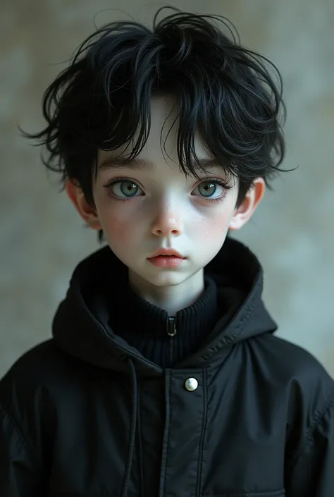 Create a young boy with pale skin. He has slightly messy and dark hair.. His eyes are grey and he has broad shoulders.. His facial features are elongated and angular with pronounced cheekbones and a marked jaw..