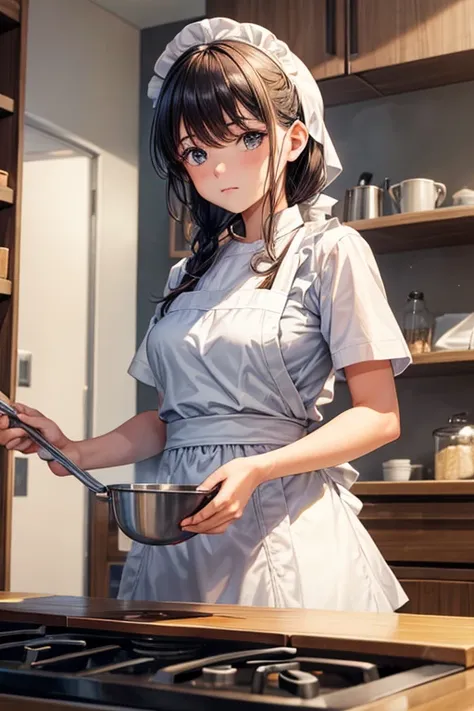 A girl, dress leaning against, in a kitchen, cooking.