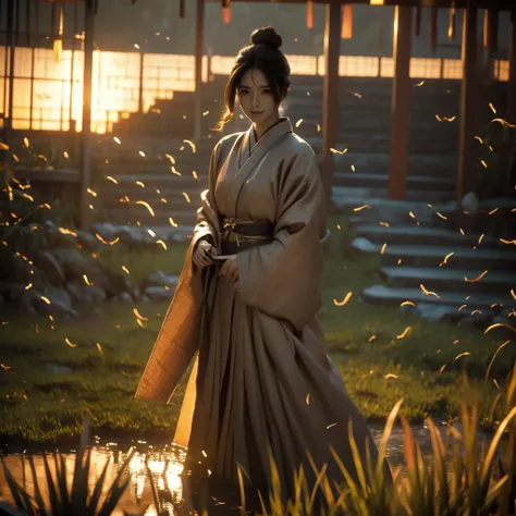 A lone samurai woman standing in a peaceful field at dusk, ready to draw her katana. She is wearing traditional samurai attire from the Sengoku period of Japan, consisting of a black and dark brown kimono-style robe with wide sleeves, tied with a dark obi ...