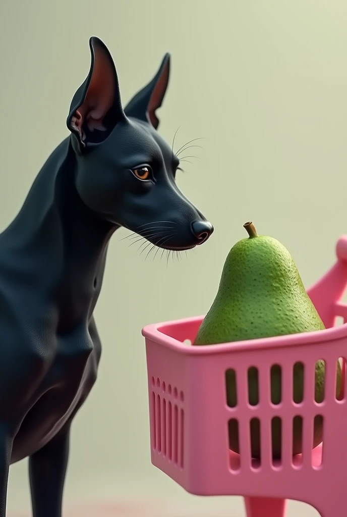 Draw a black dog looking from afar at the avocado in the pink cart 



