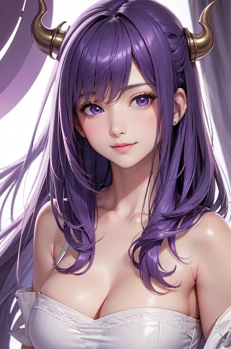 Best Quality,High resolution,8k,(plain white background, no patterns, no textures, just a plain white background:1.3),Masterpiece:1.2),beautiful girl,Big Breasts,(Shiny purple hair:1.3),bob cut,Beautiful purple eyes,Gentle look,A refreshing look,smile,Over...