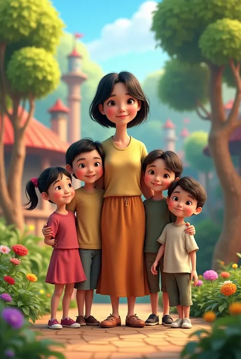 1 mother short black hair, about 40 years old,2 daughters, 2 grandchildren and two great-grandchildren in a Pixar style park

