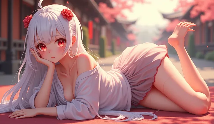 Create a beautiful japanese albino having red eyes, white hair, blushes, beautiful rose like layered and wet pussy, perfect tits, wearing full leg torn stockings and off-shoulder loose shirt and a newly styled beautiful skirt, laying flat on ground in a cu...