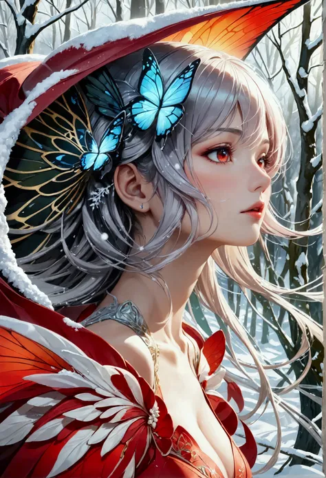 (oil painting art: 1.5) a most beautiful fairy playing in the snow, a beautiful fairy, ((full body shot: 1.5)), (best detailed face: 1.3), spread butterfly wings, dynamic hair color, dynamic hair style, busty, wearing red silk dress, intricate silk, wearin...