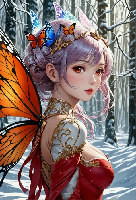 (oil painting art: 1.5) a most beautiful fairy playing in the snow, a beautiful fairy, ((full body shot: 1.5)), (best detailed face: 1.3), spread butterfly wings, dynamic hair color, dynamic hair style, busty, wearing red silk dress, intricate silk, wearin...