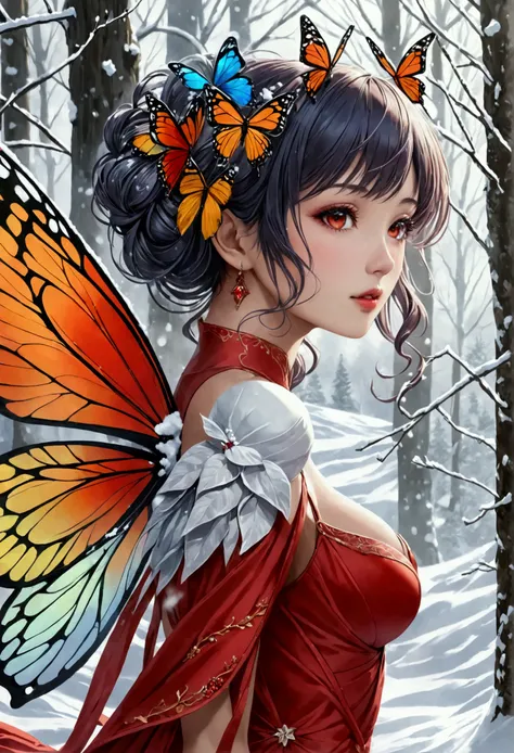 (oil painting art: 1.5) a most beautiful fairy playing in the snow, a beautiful fairy, ((full body shot: 1.5)), (best detailed face: 1.3), spread butterfly wings, dynamic hair color, dynamic hair style, busty, wearing red silk dress, intricate silk, wearin...