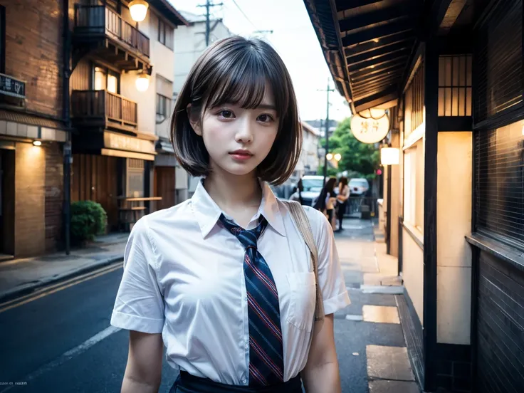 (8k, RAW photo, best quality, masterpiece:1.2), (realistic, photo-realistic:1.4), (extremely detailed 8k wallpaper), japanese pretty girl in school, white shirt, blue buruma, short bob hair, black hair, standing, shirtlift, BREAK