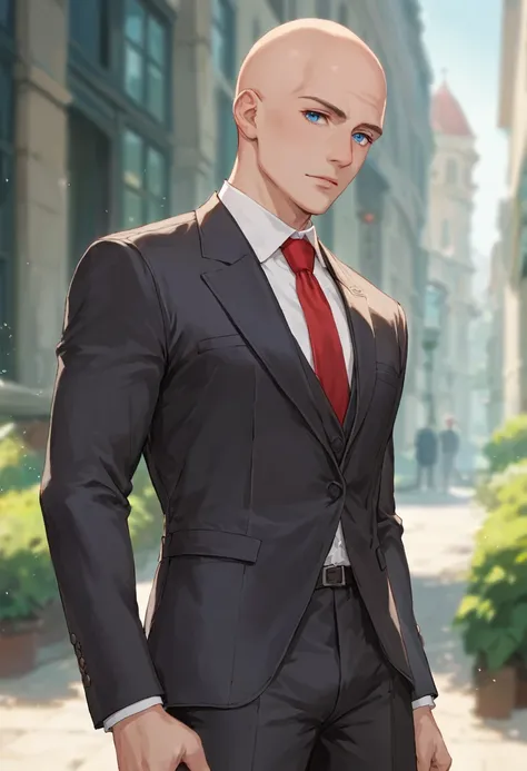 score_9,score_8_up,score_7_up,source_anime,cowboy shot,Idealized Forms,Natural Light,details background,blurry background,extremely detailed,(But),agent 47,hitman,bald、Deep-set Westerner,blue eyes、Red tie、Black suit