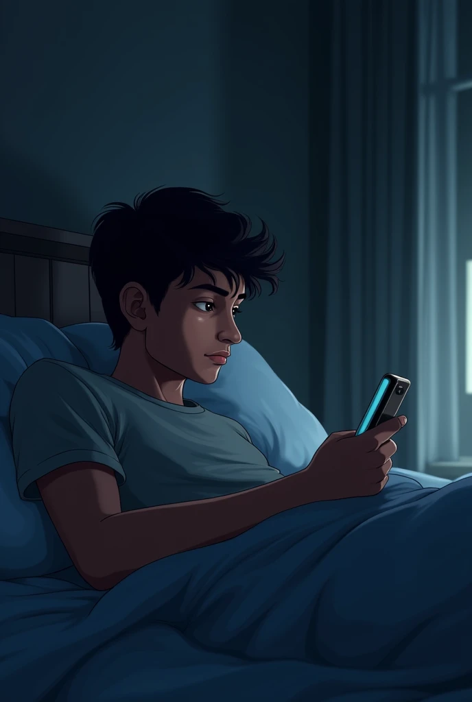 A boy watching chatting wile holding the phone in a one hand in a sleeping position turned one side inthe bed.he wares off shot and gray t shirt in mid night.age 15.indian face
