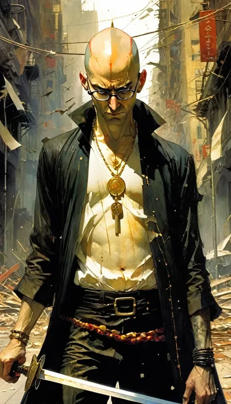 man, dressed as a priest, bald, with glasses, very thin, open shirt, many gold necklaces, angry, with a sword, on a destroyed city street, art inspired by Bill Sienkiewicz and Dave McKean
