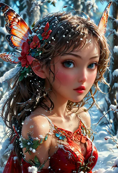 (oil painting art: 1.5) a most beautiful fairy playing in the snow, a beautiful fairy, ((full body shot: 1.5)), (best detailed face: 1.3), spread butterfly wings, dynamic hair color, dynamic hair style, busty, wearing red silk dress, intricate silk, wearin...