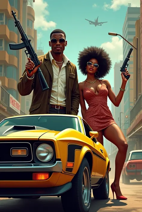 Ghanaian Bonnie e Clyde With 1973 Ford mustang Mach 1 and AK 47 in modern version 