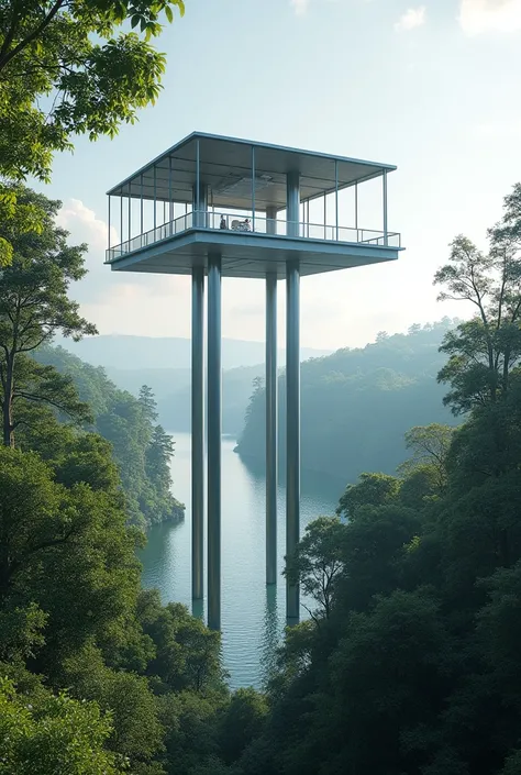 High Pavilion, lost among the trees, built in steel, in front of a lake, out of the water, supported by four tubular columns.