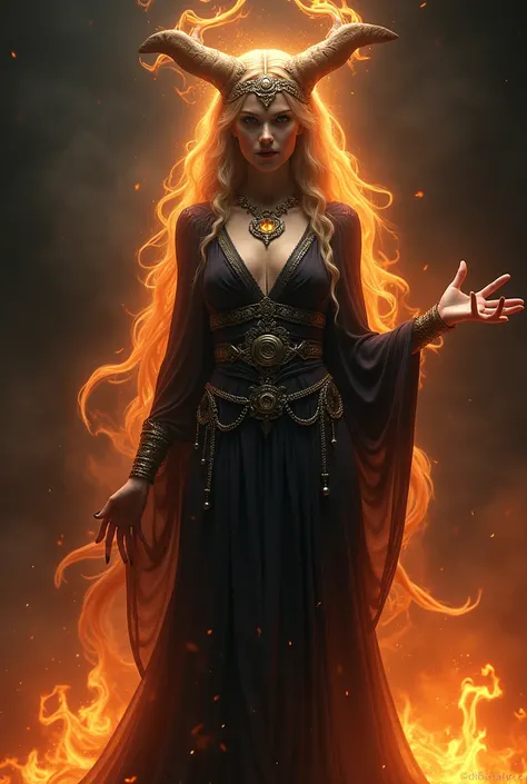 Powerful goddess Hecate with fire around her
