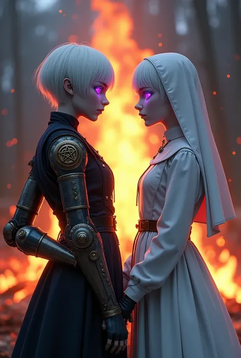 Two albino girls from the Middle Ages with white hair and violet eyes with their backs turned to each other, the one on the left with short hair wearing black alchemist clothes and her left arm with a steampunk prosthesis with a pentagram., and girl on the...