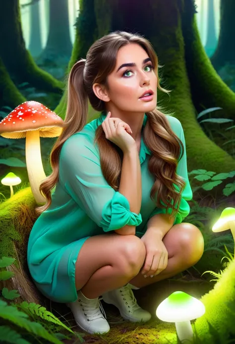 lily, a  with long, wavy brown hair tied in a loose ponytail and bright green eyes, is now crouched near a glowing mushroom in t...