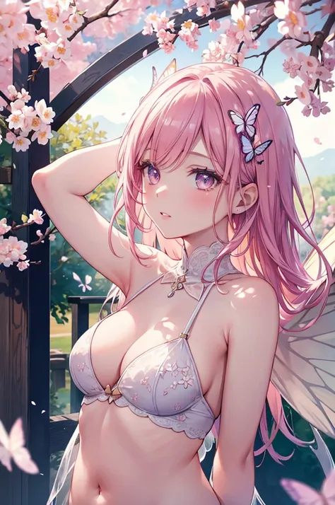 a girl with butterfly wings, landing on a blooming sakura tree, detailed face, belly reveal , hands behind head , show armpit ,  beautiful detailed eyes, beautiful detailed lips, extremely detailed face and features, long eyelashes, butterfly wings, sakura...