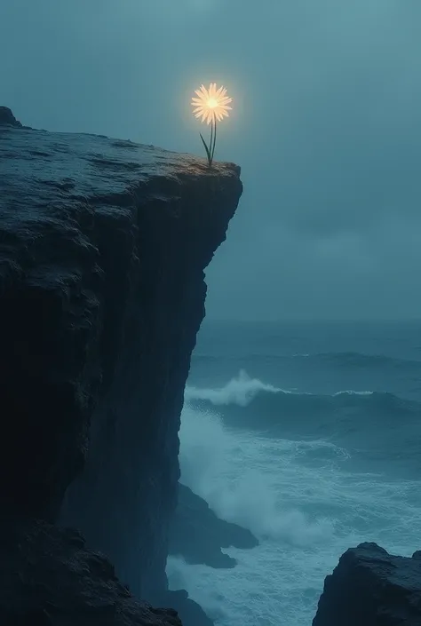 one beautiful luminescent small flower atop a 50 foot very high cliff, dangerous to climb, stormy sea underneath, upward perspective