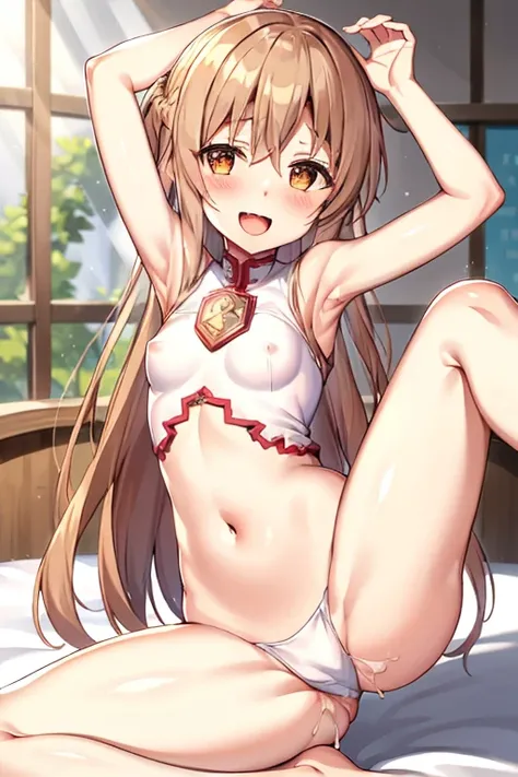 ((Highest quality)), ((masterpiece)), (be familiar with), Perfect Face, indoor, Bedroom, Watching the audience,
One woman, Yuuki Asuna,
Open Mouth, Ecstatic expression, blush, smile,
Small breasts, Flat Chest, , , child, Girl,
Long Hair, Long Hair,
Fully n...