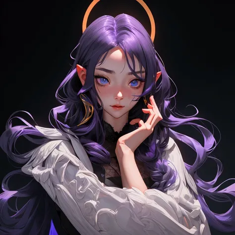 envision a 8k, highres, cinematic, close up beautiful portrait of a slender girl named Inanis Ninomae with long purple hair, blue eyes, in a black dress with lace and waist wings with a golden halo above her head against a dark gray background