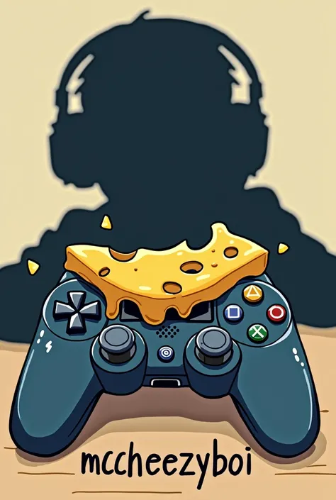 Game controller, with cheese on it, with a shadow boy in the background wearing a headset on, says McCheezyboi underneath, clip art