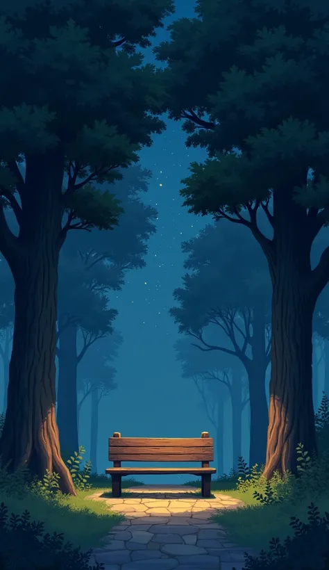 A bench in the park with trees at night.