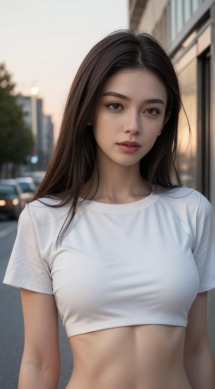 ((Realistic lighting, Highest quality, 8k, masterpiece: 1.3)), Optical focus: 1.2, One person, Perfect figure: 1.4, Slim Abs: 1.1, ((Dark brown hair)), (White crop top: 1.4), (Outdoor, night: 1.1), street, Ultra-thin face, Narrow eyes, double eyelid, Perfe...