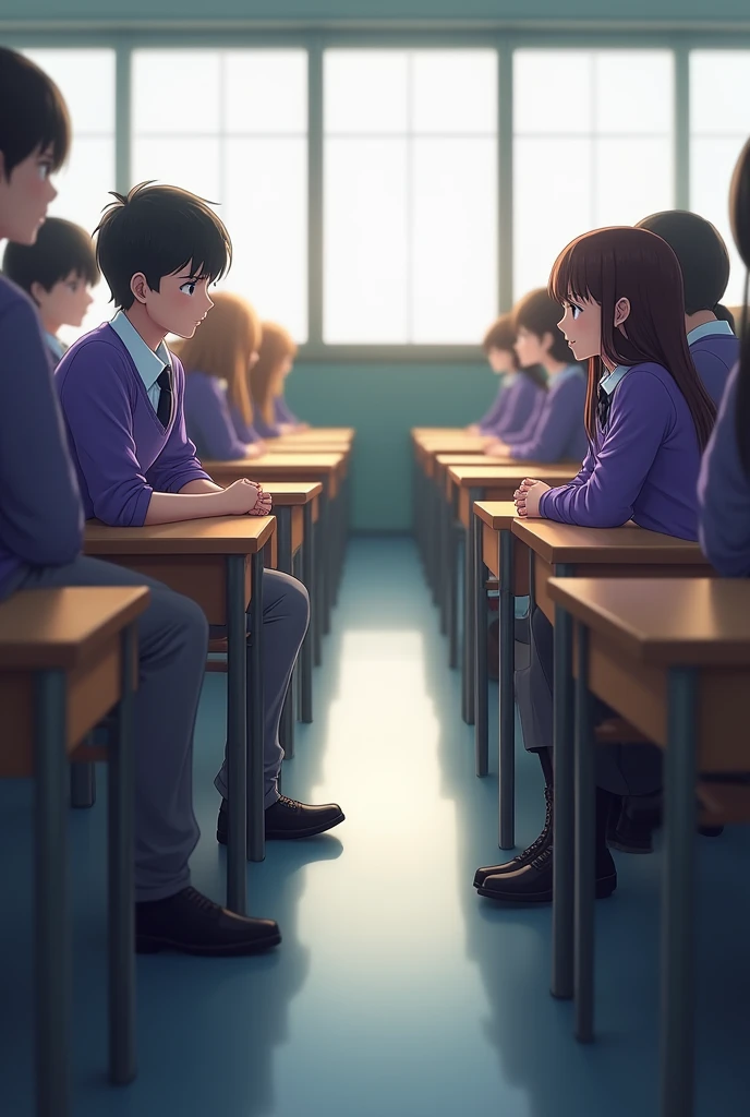 One row  boys benchs ,one row girls benches in a classroom.boys row side one backbench boy locking at girls row side mid bench girl .she also looking him . uniform colour violet shirt pant gray