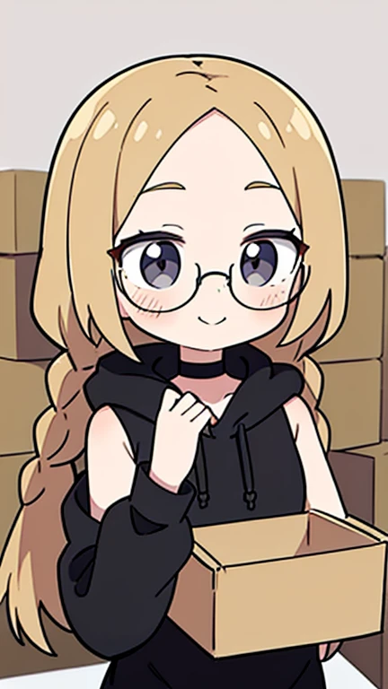 Beige hair color, center parted bangs, forehead exposed, no hair on the sides of the face, large glasses, black sleeveless hoodie, bob hair with reduced volume, long braids on both sides reaching down to the chest, holding a large cardboard box with materi...