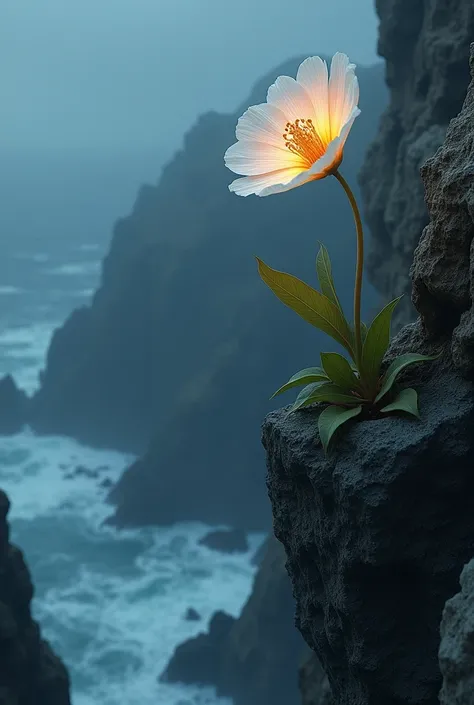 one beautiful luminescent small flower growing admidst the stone of a very high cliff, difficult to reach, stormy sea underneath, upward perspective, seen from a distance