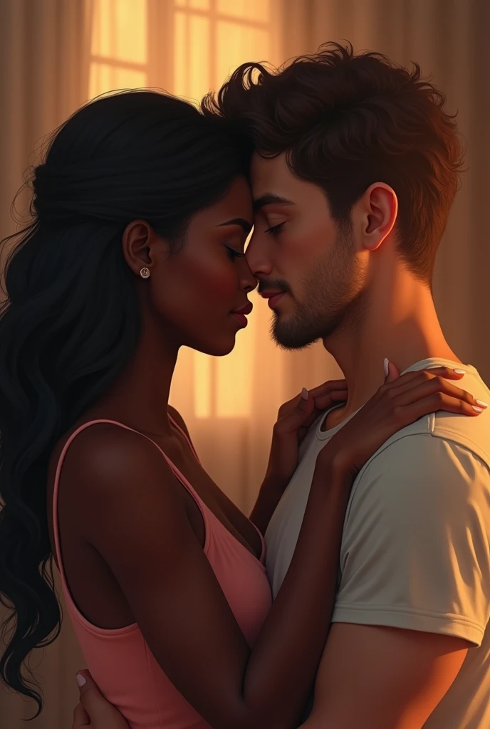  Realistic image of an African American woman tenderly hugging a blond man with blue eyes, showing love and affection. I imagine the focus would be on conveying the emotional connection between them., with an atmosphere that reinforces the warmth and intim...