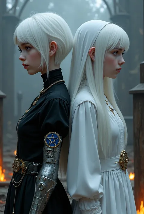 Two albino girls from the Middle Ages with white hair and soft violet eyes, back to back, with the one on the left having short hair wearing black alchemist clothes and her left arm having a steampunk prosthesis with a pentagram., and girl on the right in ...