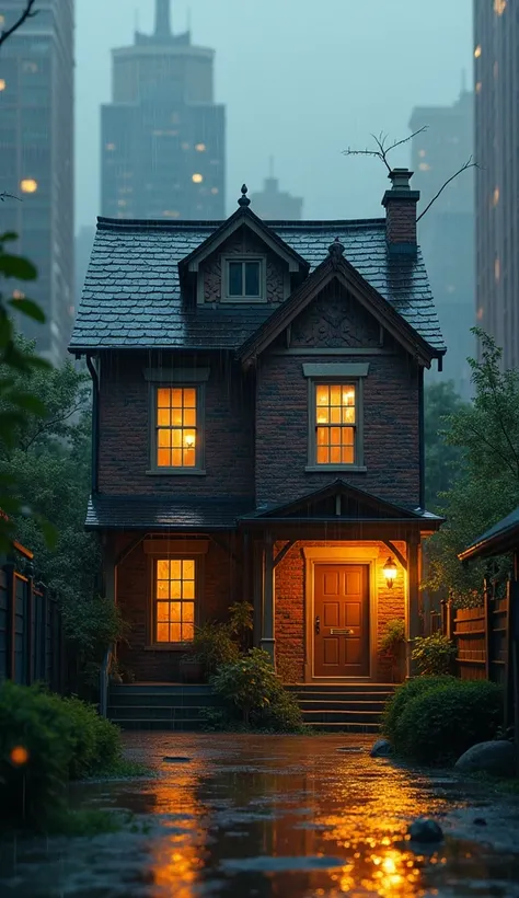 A house in the middle of the city and it was raining. 