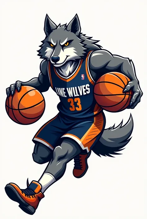 Logo of a wolf wearing a basketball jersey playing basketball (on the shirt that says “lone wolves”)