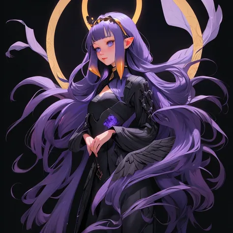 envision a 8k, highres, cinematic, full body beautiful design of a slender girl named Inanis Ninomae with long purple hair, blue eyes, in a black dress with lace and waist wings with a golden halo above her head against a dark gray background