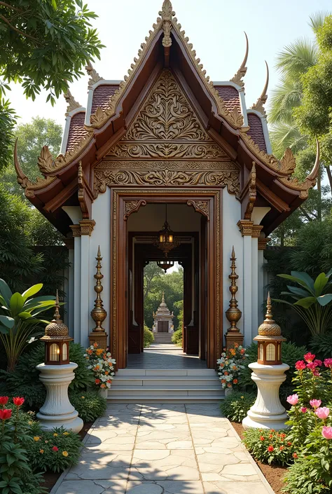 (masterpiece:1.2, Highest quality, Ultra-high resolution, Very detailed, Realistic, RAW Photos:1.2, Elaborate photos), 8k, wallpaper, (Ray Tracing), Thai mansion, (Grand entrance with a large wooden door, Intricately carved Thai motifs, Stone pathway leadi...