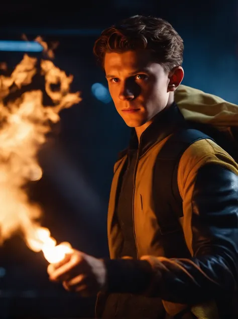 Tom Holland as a teenage mutant with fire powers dressed like an Xmen