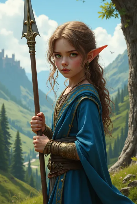 in a medieval world.
An elf child of the female gender of age, brown hair and green eyes,wearing blue clothes and a battle spear