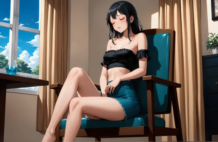 realistic anime illustration of unconscious pretty young woman is sitting on chair, closed eyes, she has black short ruffle sleeve blouse, wearing black crop strapless, crystal teal denim pencil micro skirt, bare legs, (1girl, solo, full body), (masterpiec...