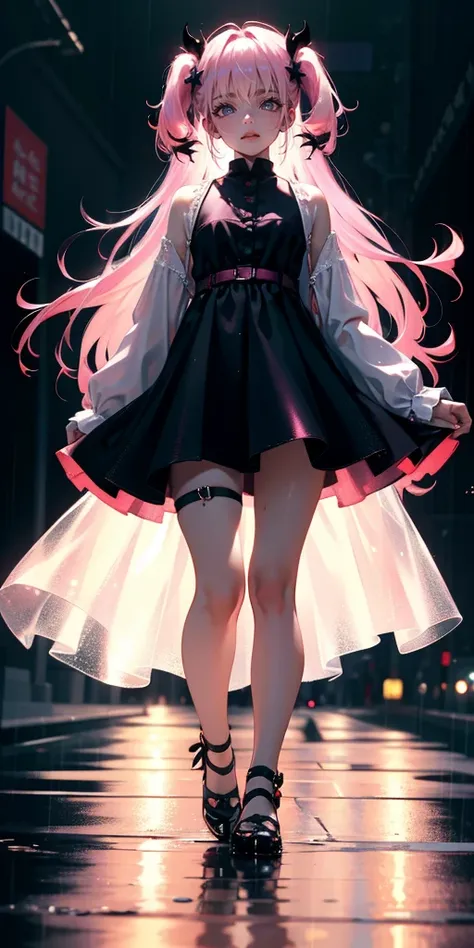 uhd, textured skin, good quality, High details, ​masterpiece, best quality, (Amazingly absurd:1.2), (​masterpiece:1.2), fluffy, 1 Vampire Girl, cute dress, glowing eyes, shining hair , Whole body love, black long hair, pink hair bow, full body, Kawaiitech,...