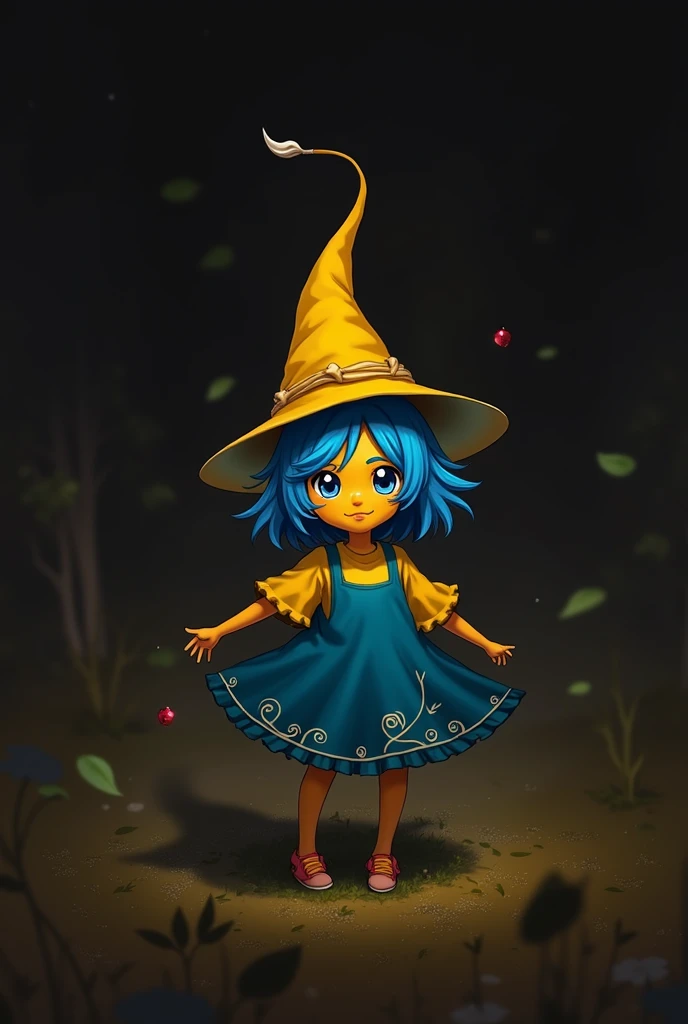 The girl has yellow skin, blue hair and a pointy yellow hat. (Make anime style)