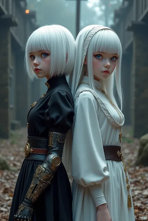 Two albino girls from the Middle Ages with white hair and soft violet eyes, back to back, with the one on the left having short hair wearing black alchemist clothes and her left arm having a steampunk prosthesis with a pentagram., and girl on the right in ...