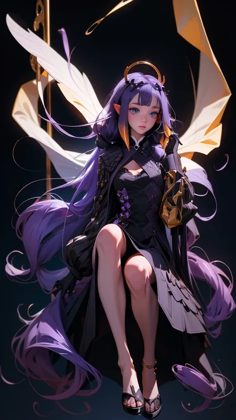 envision a 8k, highres, cinematic, full body beautiful design of a slender girl named Inanis Ninomae with long purple hair, blue eyes, in a black dress with lace and waist wings with a golden halo above her head against a dark gray background