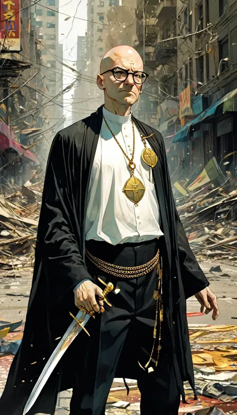 man, dressed as a priest, bald, with glasses, very thin, open shirt, many gold necklaces, angry, humorous,  with a sword, on a destroyed city street, art inspired by Bill Sienkiewicz and Dave McKean
