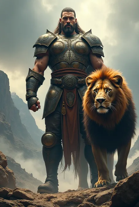 Epic warrior with a giant lion 